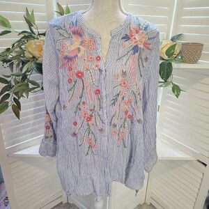 Johnny Was Blue & White Striped Embroidered Peasant Blouse